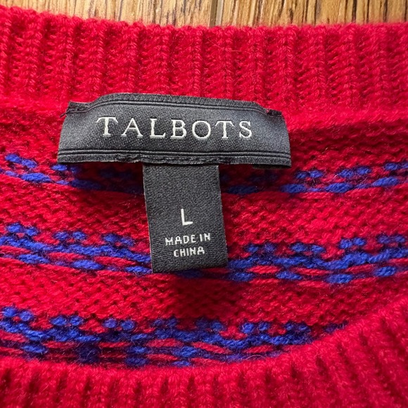 Talbots Lambswool Fair Isle Knit Sweater Womens L Red Blue Crew Neck Buttons - Picture 3 of 11